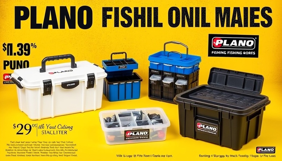 Plano fishing gear promotional display with tackle boxes on bright yellow background.