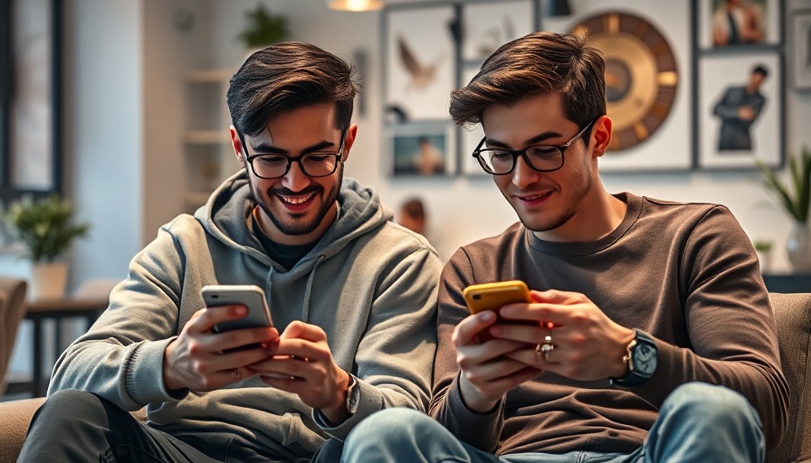 AI-driven campaigns in HIV prevention shown through two young men using smartphones in a cozy room.