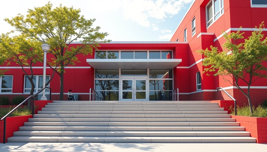 Entrance of a modern middle school showing improvement efforts.