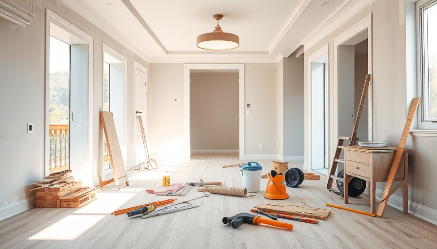 Under construction bedroom foyer with tools and supplies scattered.