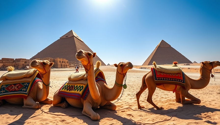 Camels resting near pyramids in Egypt under sunlit sky