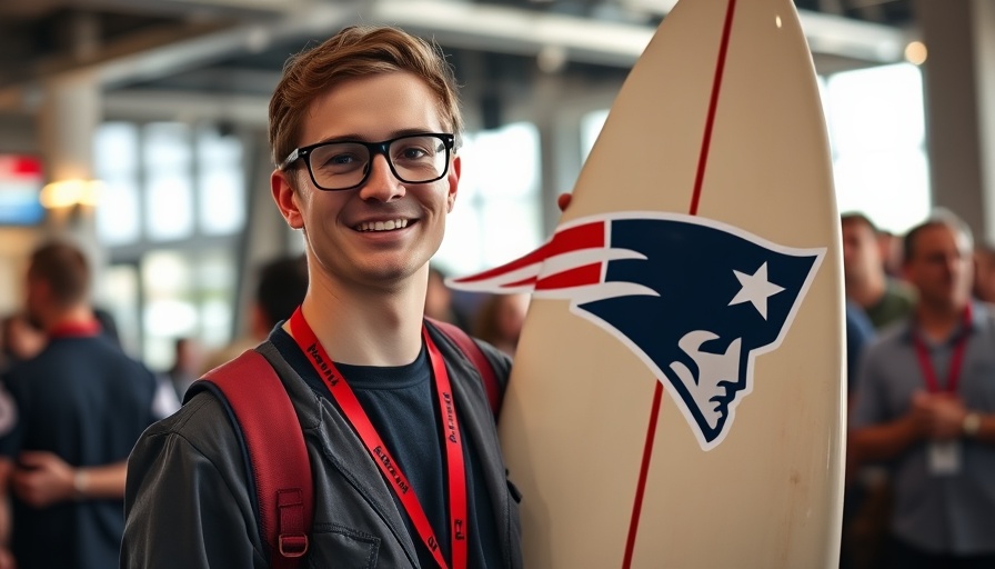 Irrelevant Week Celebration: young man with Patriots surfboard.