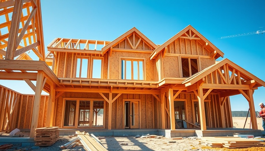 Custom home construction site with wooden frames under blue sky, showcasing what to expect when building a custom home.