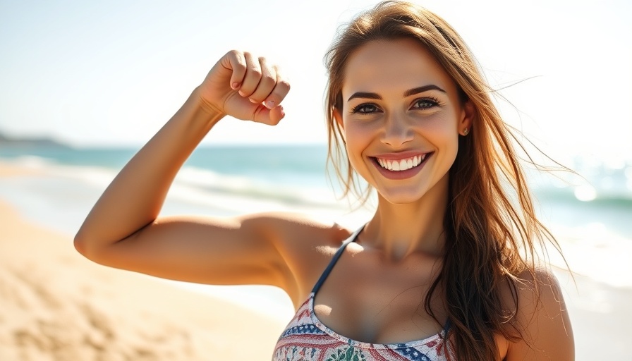 Confident woman flexing on beach, Fitness Goals Reset Strategies.