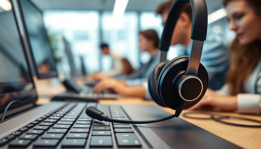 Headset on keyboard in a busy office, symbolizing communication challenges in mental health services.