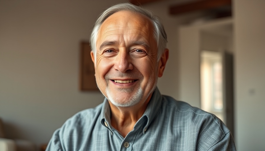 Portrait of older man smiling warmly indoors.