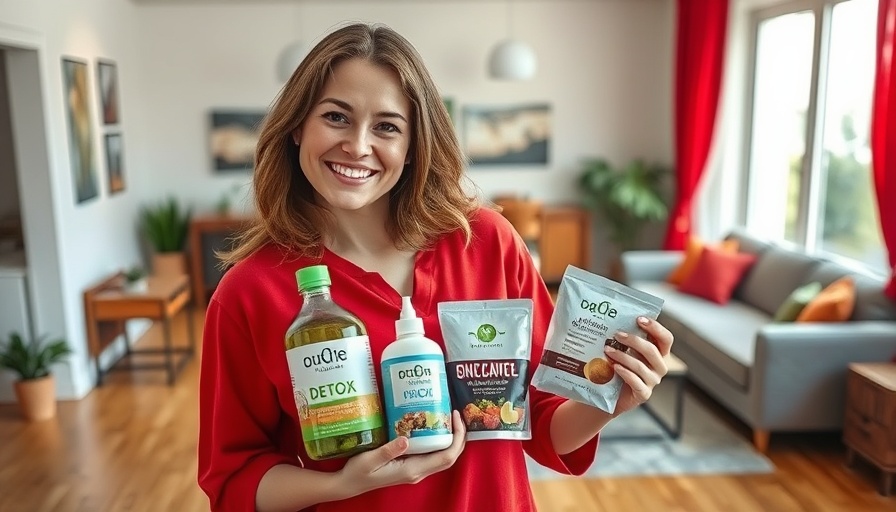 Detox health benefits: woman holding detox products in bright living room.