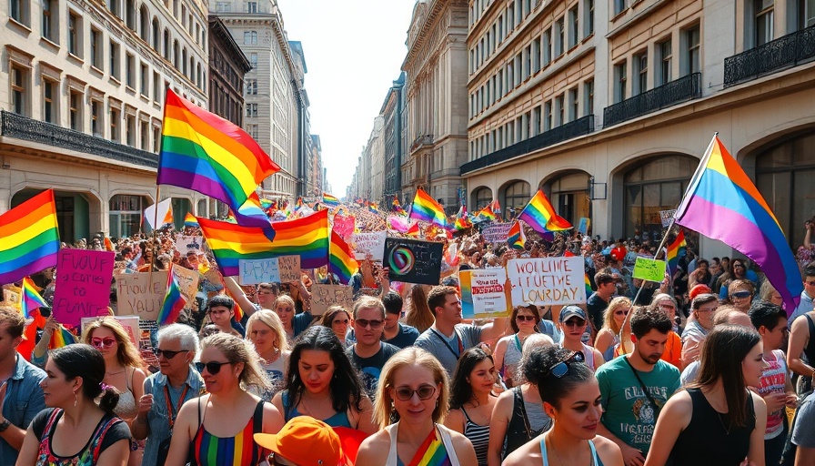 LGBTQ+ pride march with diverse crowd and banners on city street.