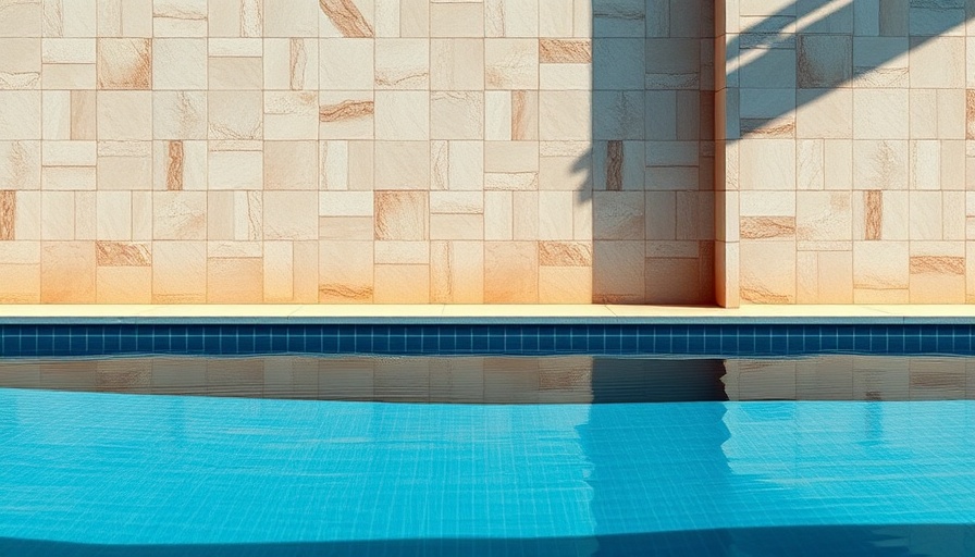 Poolside stone tile wall reflecting in clear blue water.