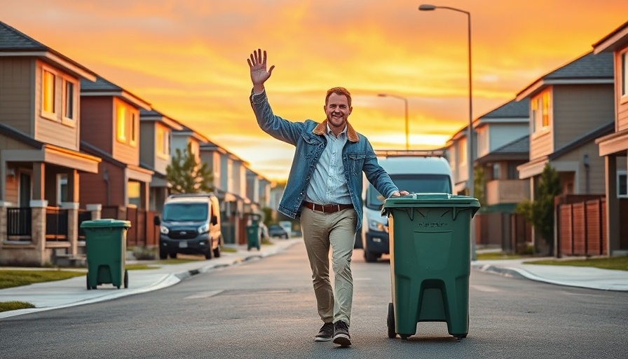 Man interacting with rubbish removal service truck on suburban street.
