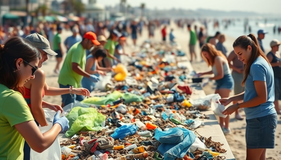 San Diego beach cleanup event with volunteers sorting trash.