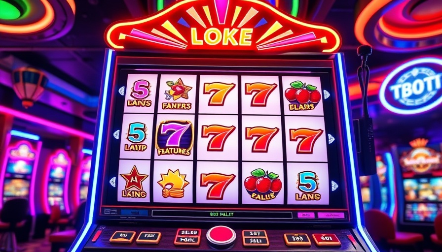 Futuristic slot machine with bonus features in a neon-lit casino.