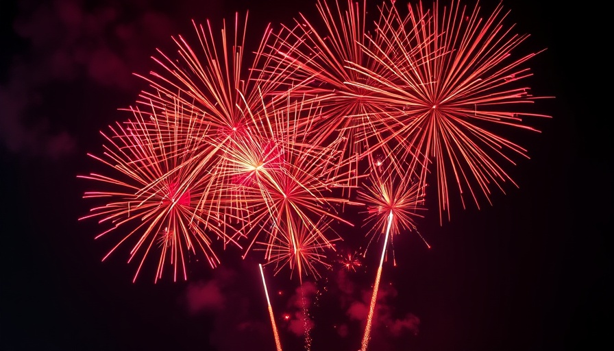 Vivid red fireworks bursting in the night sky during celebrations.