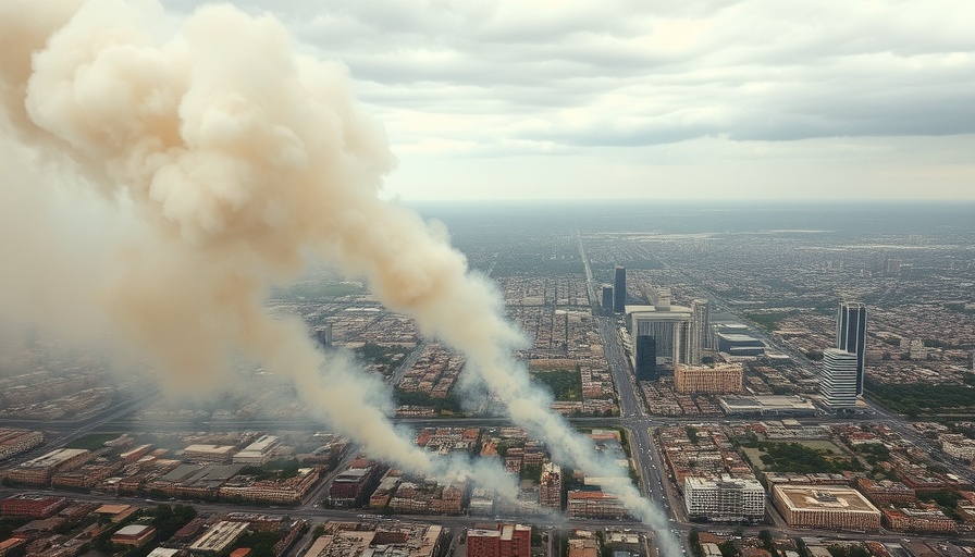 Distant view of brush fire impacting city skyline, aerial perspective.