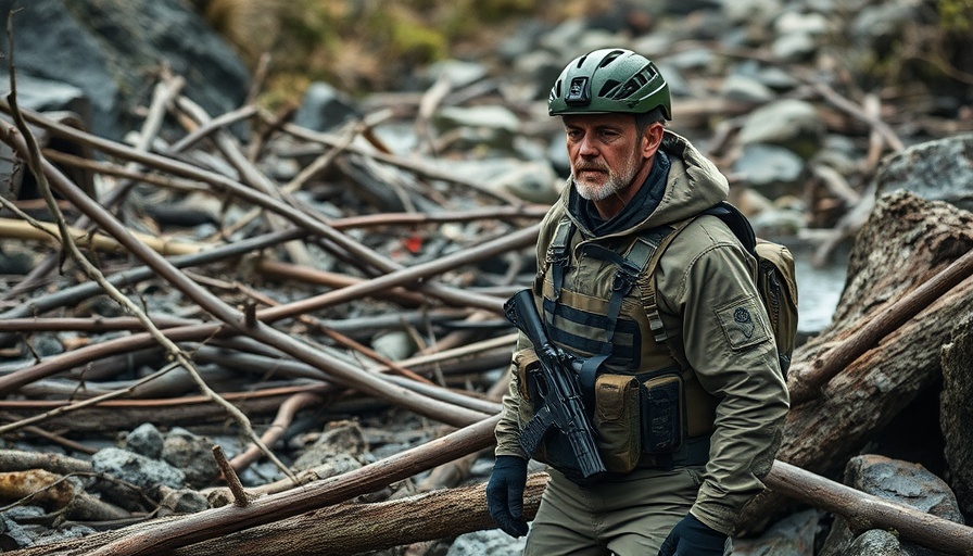 Man in tactical gear assessing Texas Hill Country flooding aftermath.