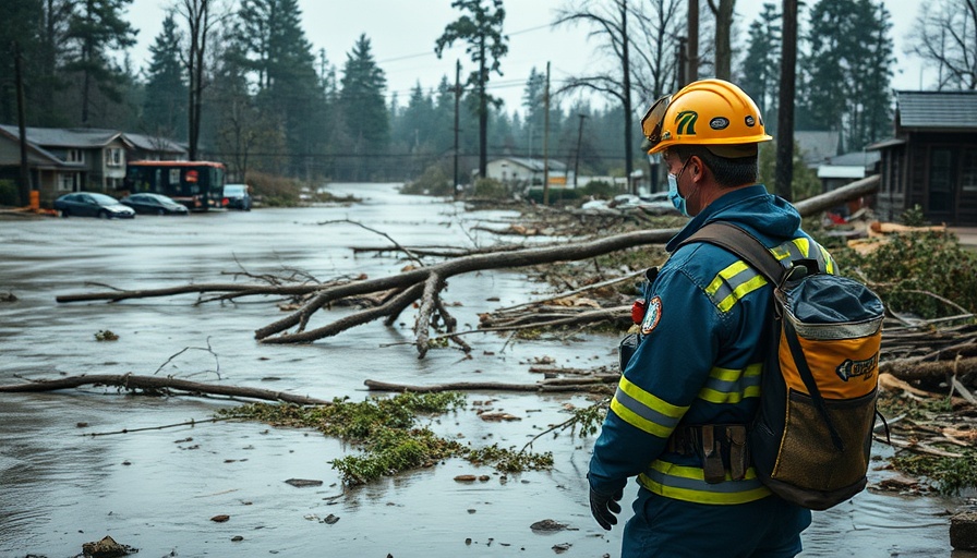 Emergency responder in Texas flood disaster response surveying damage.
