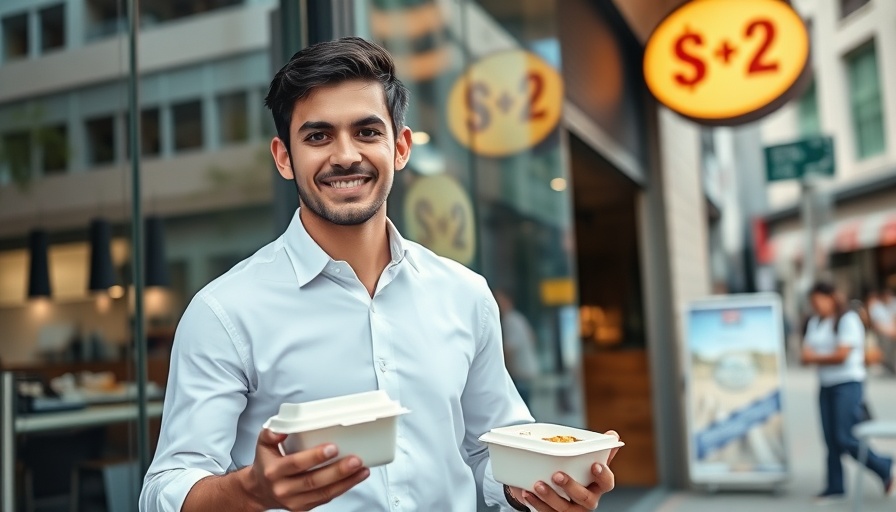 Professional man leaving fast-casual restaurant with take-out food