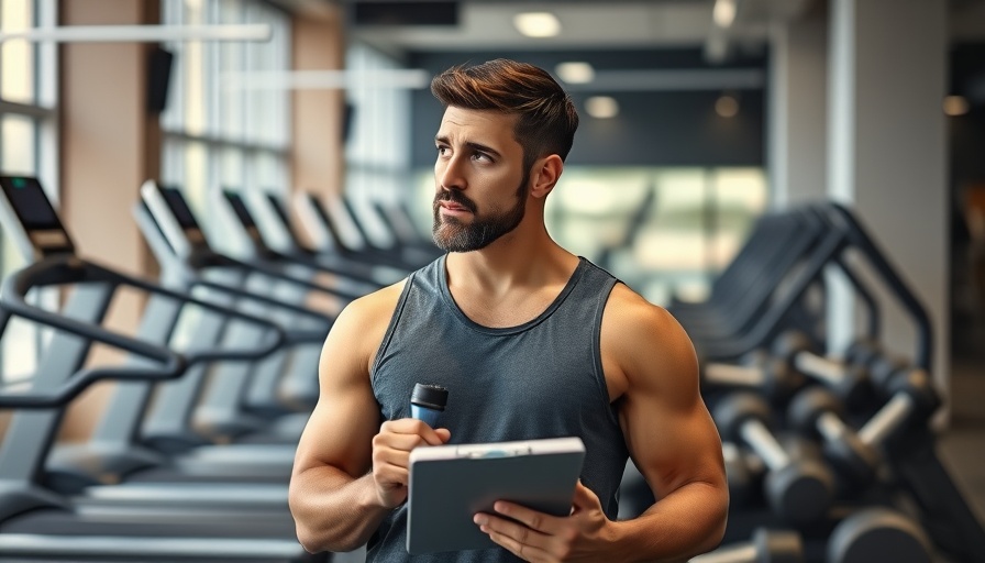 Thoughtful fitness trainer holding a clipboard in a modern gym environment.