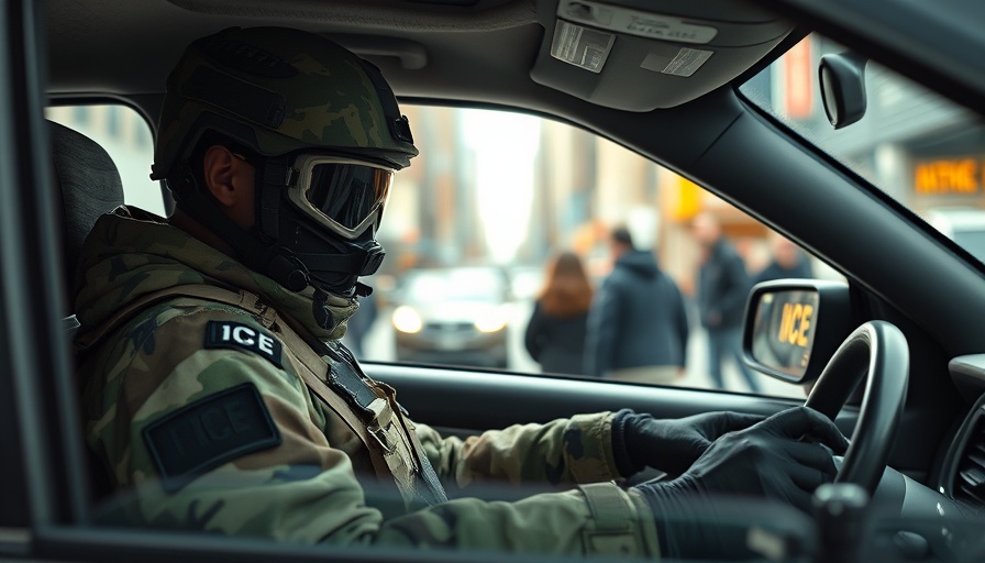 Camouflaged ICE agent wearing mask inside vehicle on city street.