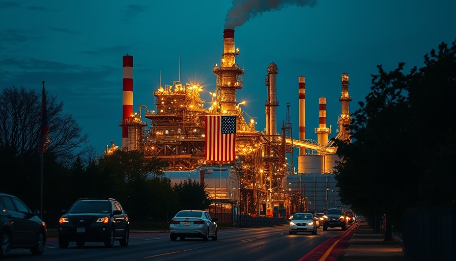 California Climate Superfund Act refinery scene at dusk.