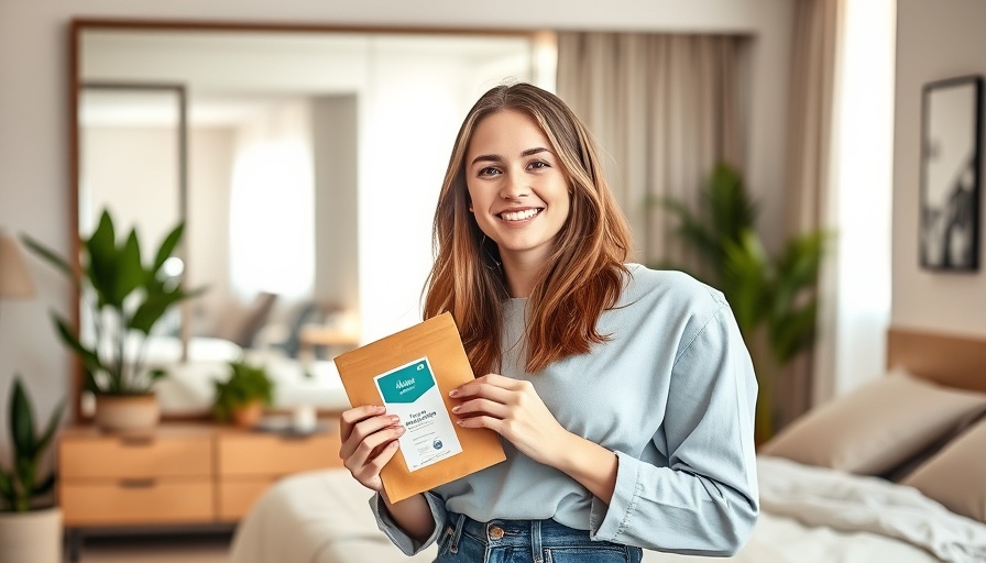 Smiling woman in a bedroom holding health kit, San Jose fitness tips.