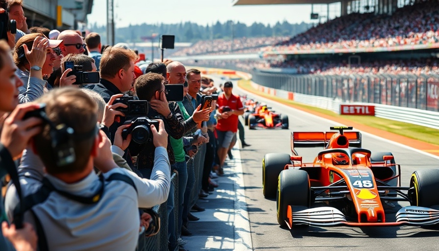 Spectators excitedly filming a Formula 1 race on a sunny day.
