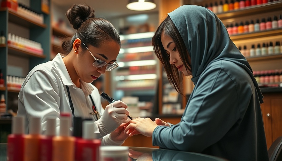 Nail technician in California salon applying polish, nail samples displayed, AB 5 impact.