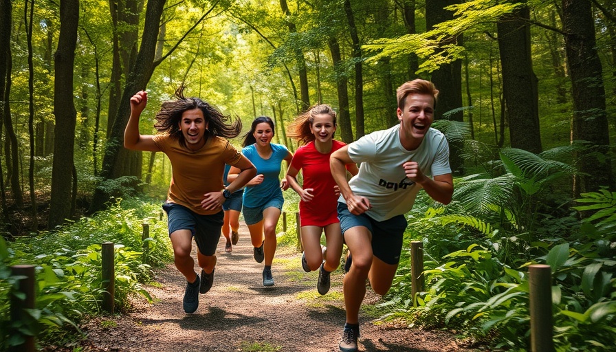 Energetic hikers running in scenic forest. Strength training for hikers.