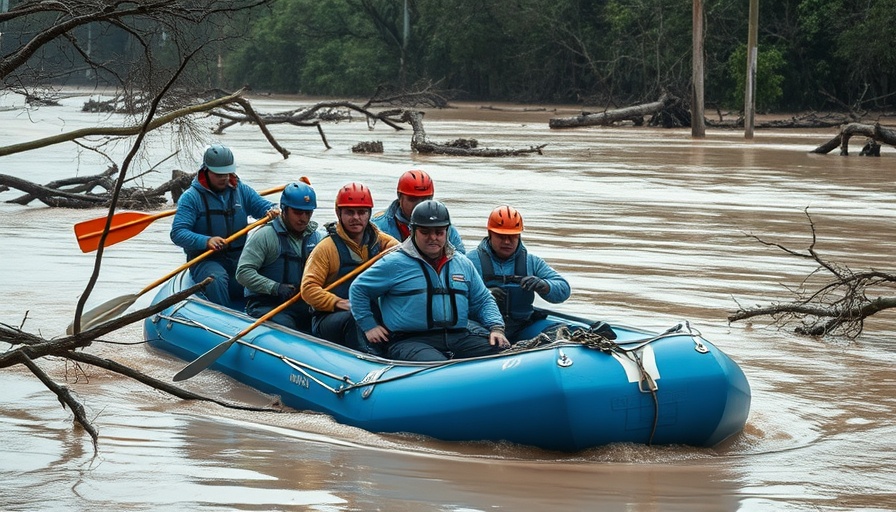 Texas Hill Country flood relief team navigating floodwaters in rescue raft.