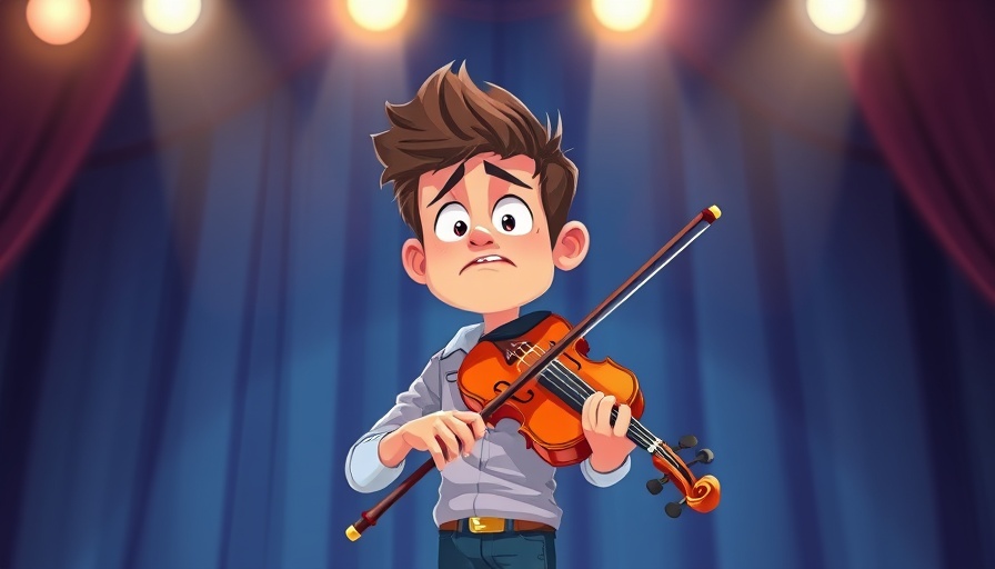 Overcoming performance anxiety: nervous young man with violin on stage.