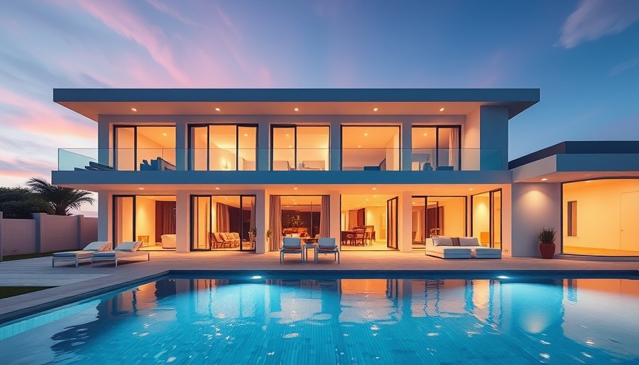 Modern one-story home with pool at dusk, San Diego real estate.