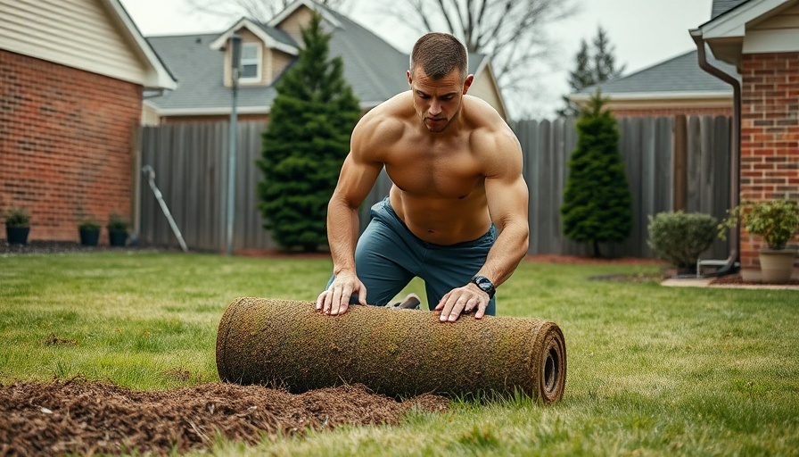 Samson Dauda gardening workout, muscular man rolling sod on lawn.