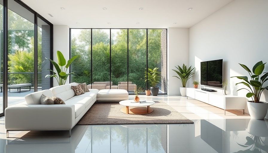 Modern living room with large windows and indoor plants, DIY home improvement.