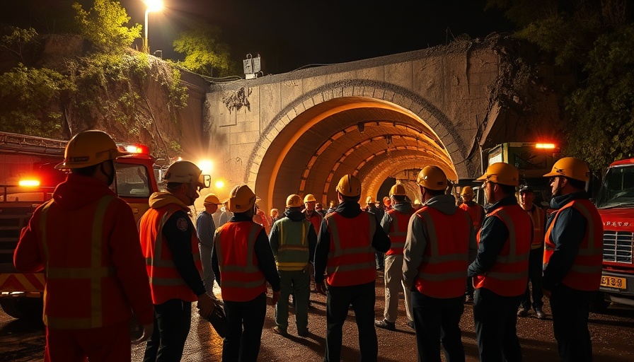 Rescue team coordinates at Wilmington tunnel collapse site.