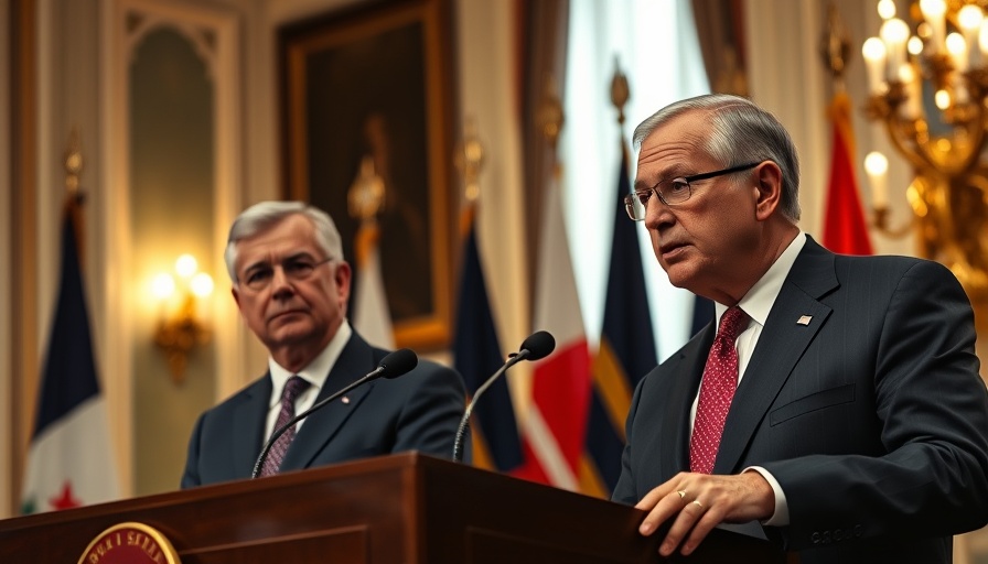 Politicians discussing at a press conference with flags in background.