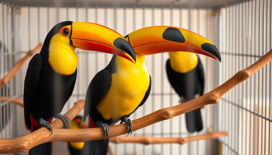 Colorful toucans in a cage, vibrant plumage, San Diego news.