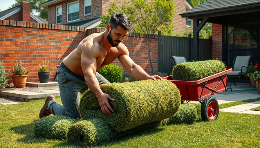 Man gardening with grass rolls showcasing gardening as a workout.