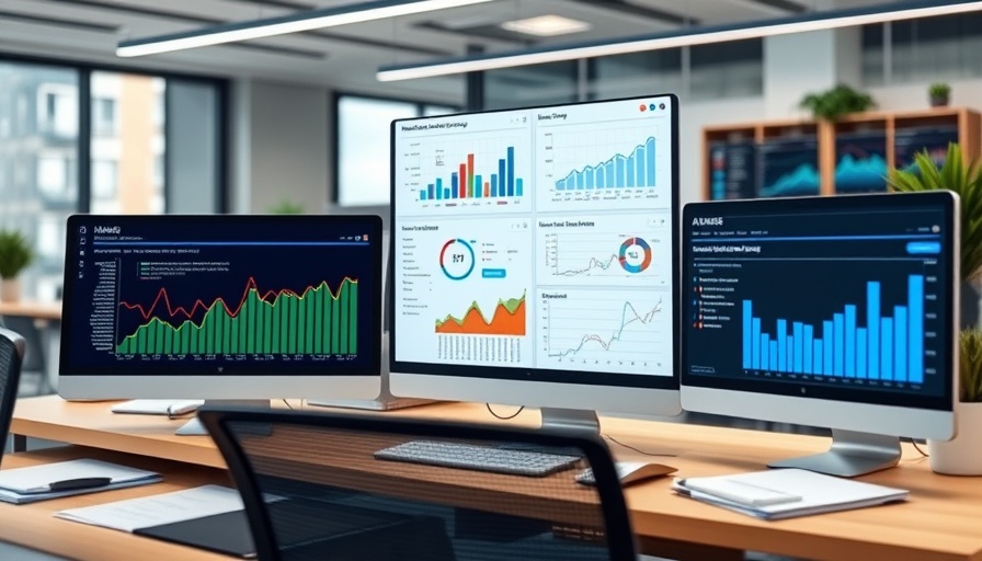 Modern workspace with marketing automation dashboard displaying graphs and charts.
