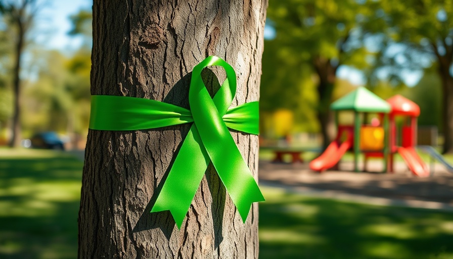 Green ribbon on tree for missing campers in a park.