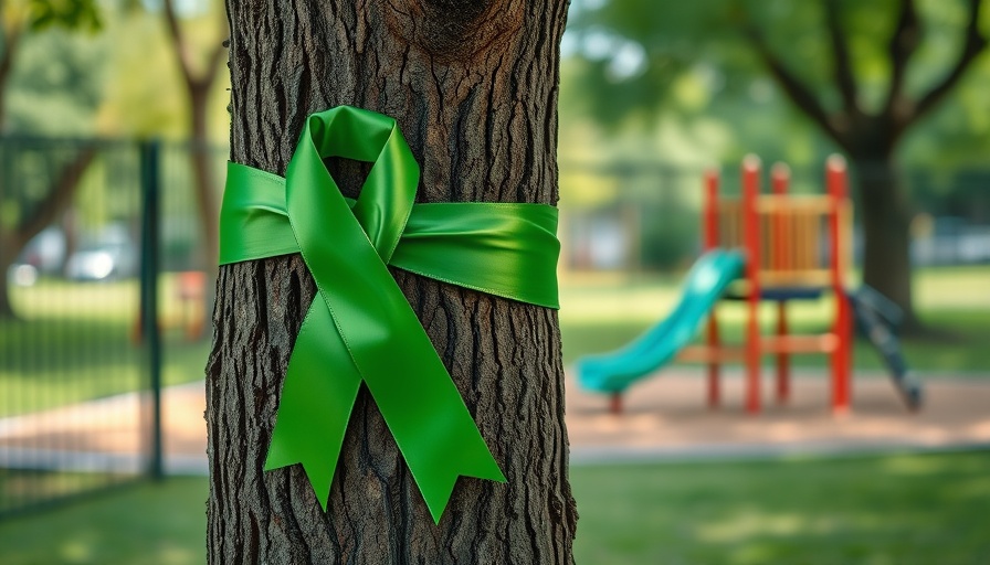 Green ribbon on a tree in Alamo Heights park symbolizing flood victim support.