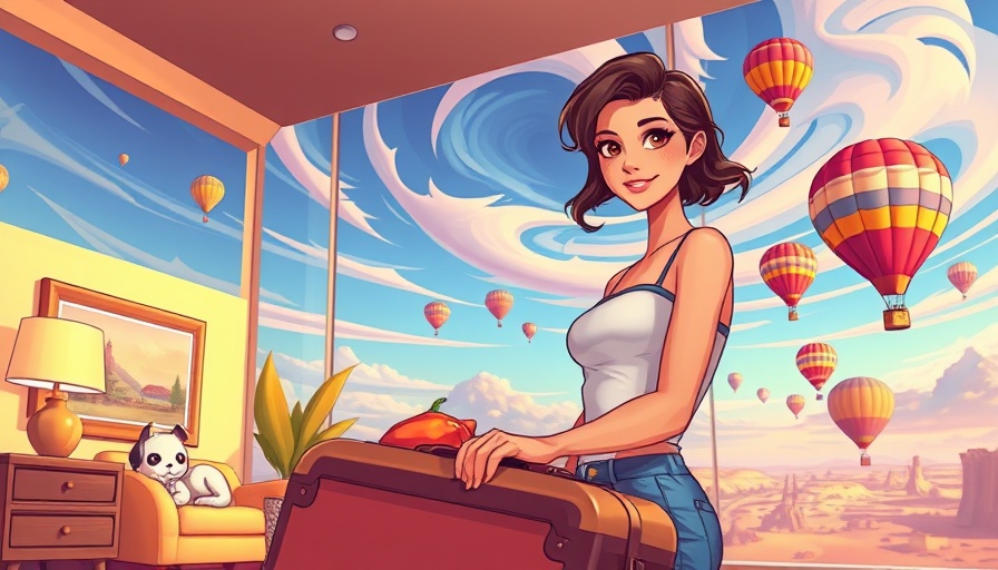 Vibrant young woman with suitcase in colorful setting symbolizing health and wellness.