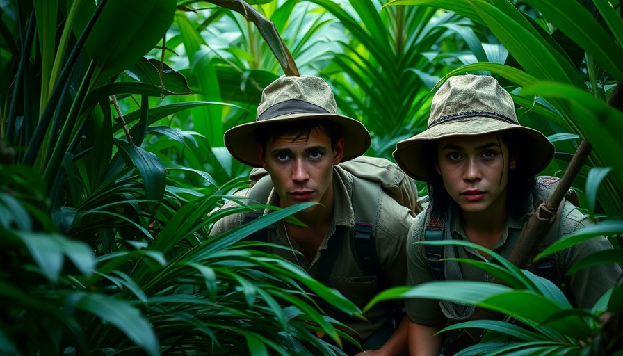 Jurassic World Rebirth explorers in dense jungle foliage.