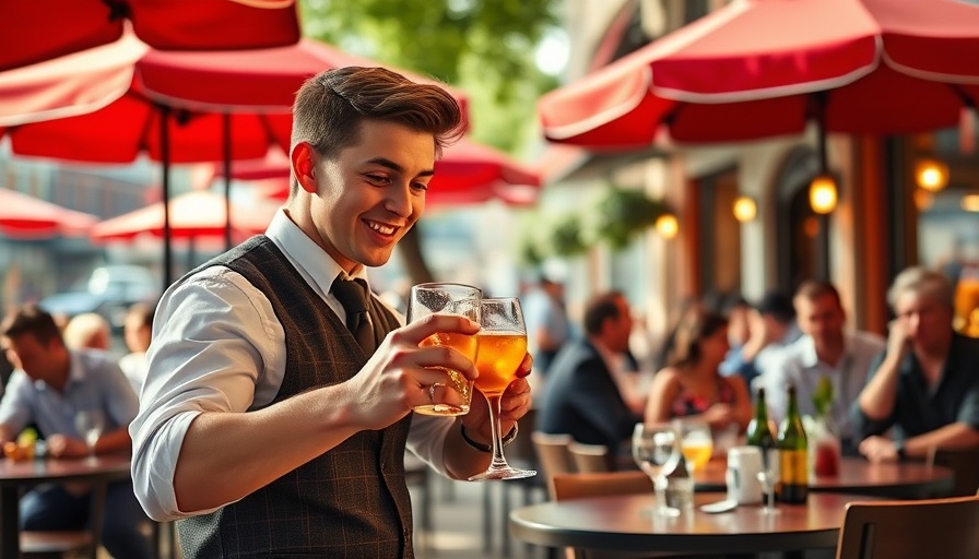 Waiter serving drinks outside a steakhouse under umbrellas.