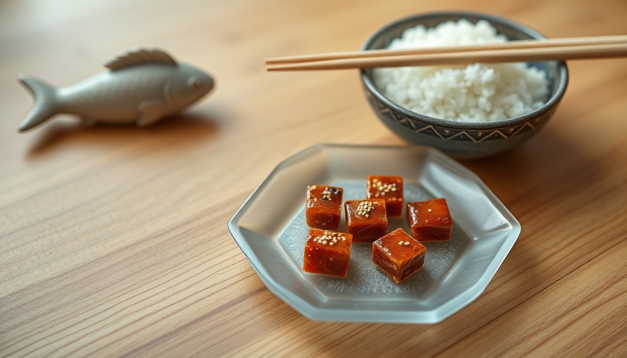 Homemade tsukudani recipe served with rice on a wooden table.