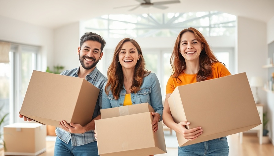 Happy family moving into a new house with boxes.
