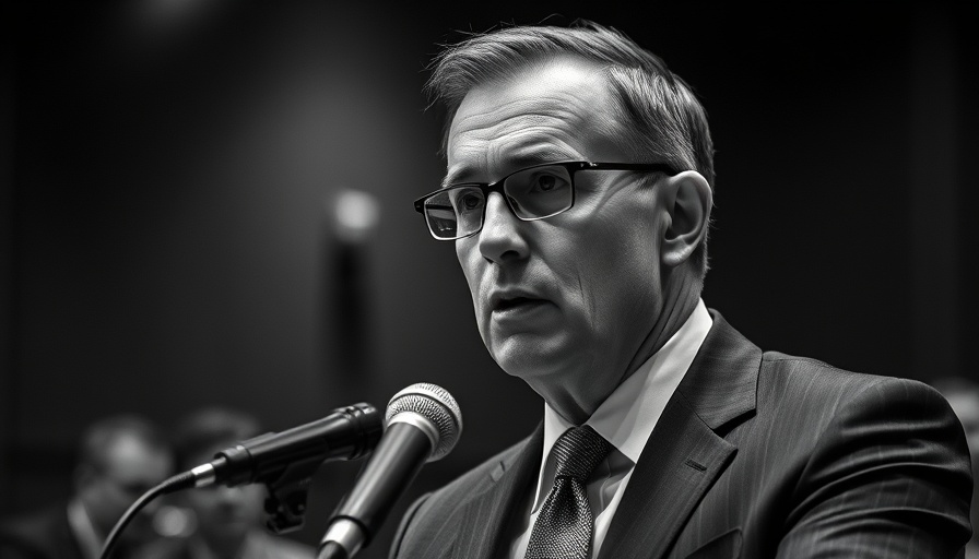 Serious man in a suit speaking into a microphone in a courtroom setting.