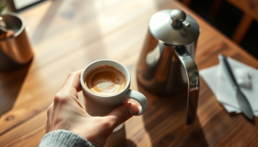 Hand holding a cappuccino cup on wooden table with milk frother.