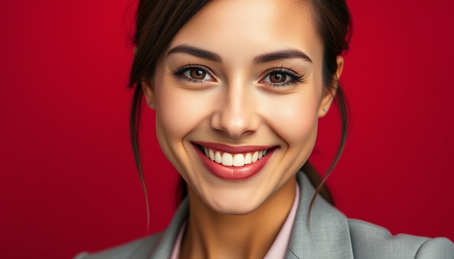 Professional woman smiling against red backdrop, ask my boss for gas money