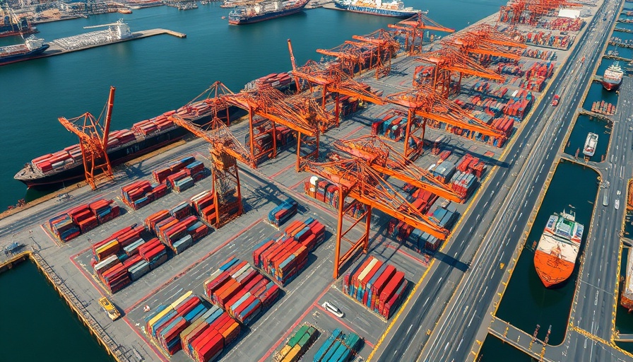 Aerial view of port expansion in Bakersfield with cargo ships and containers.