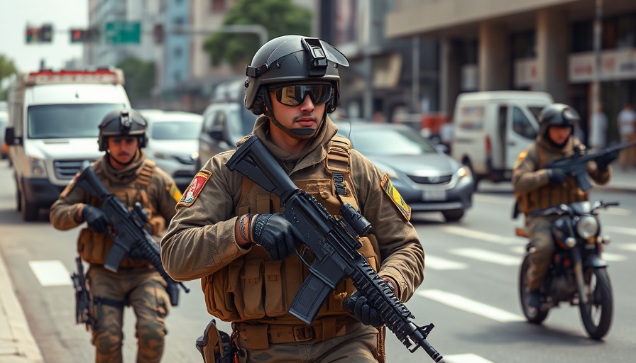 Military personnel on city street during patrol operations.